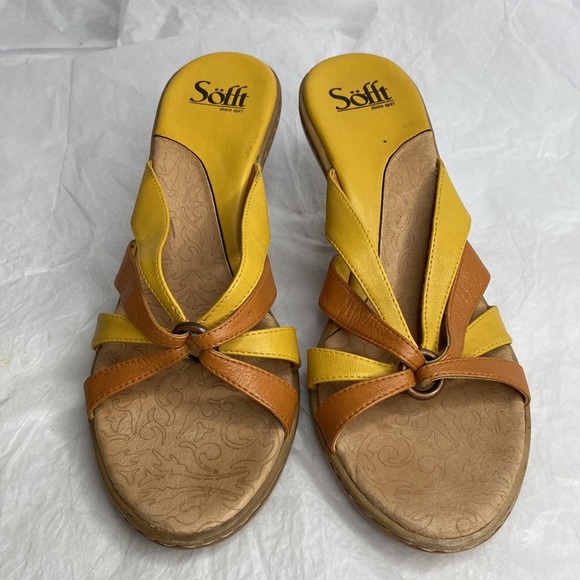 Sofft size 10N orange and yellow leather slip on sandals 4” heel great condition - Picture 4 of 10